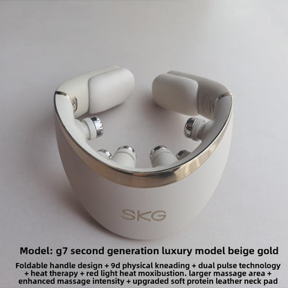 Beige-gold neck TENS and heat therapy collar with SKG logo and control dials