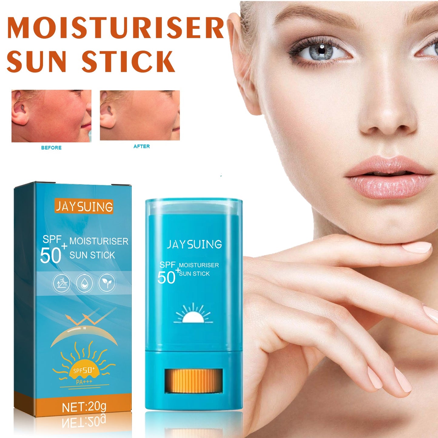 Moisturizing sunscreen stick by JAYSUING with blue carton and tube, SPF 50, 20g