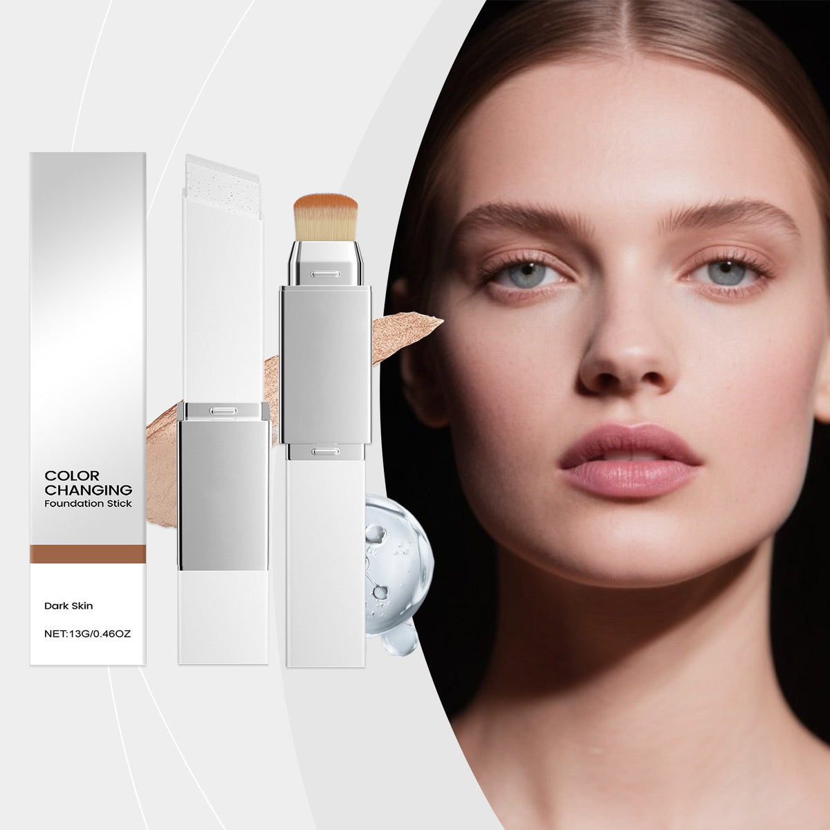 Color-changing foundation stick with silver cap and brush tip, shown with face close-up.