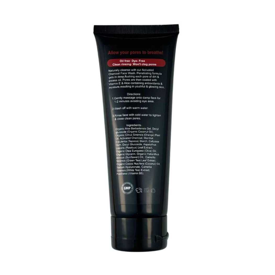 Charcoal face wash tube, back label with usage and ingredients, dark gel