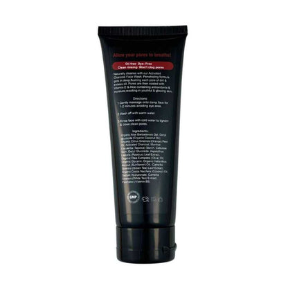 Charcoal face wash tube, back label with usage and ingredients, dark gel