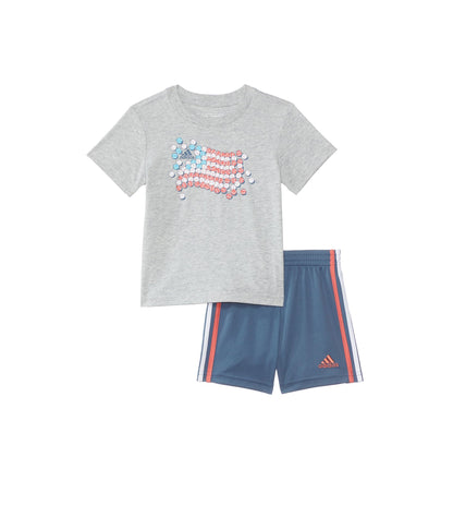 adidas Boys Short Sleeve Cotton Graphic Tee & Shorts Set Heather Grey Navy Flag 9M - Renee Lane Company