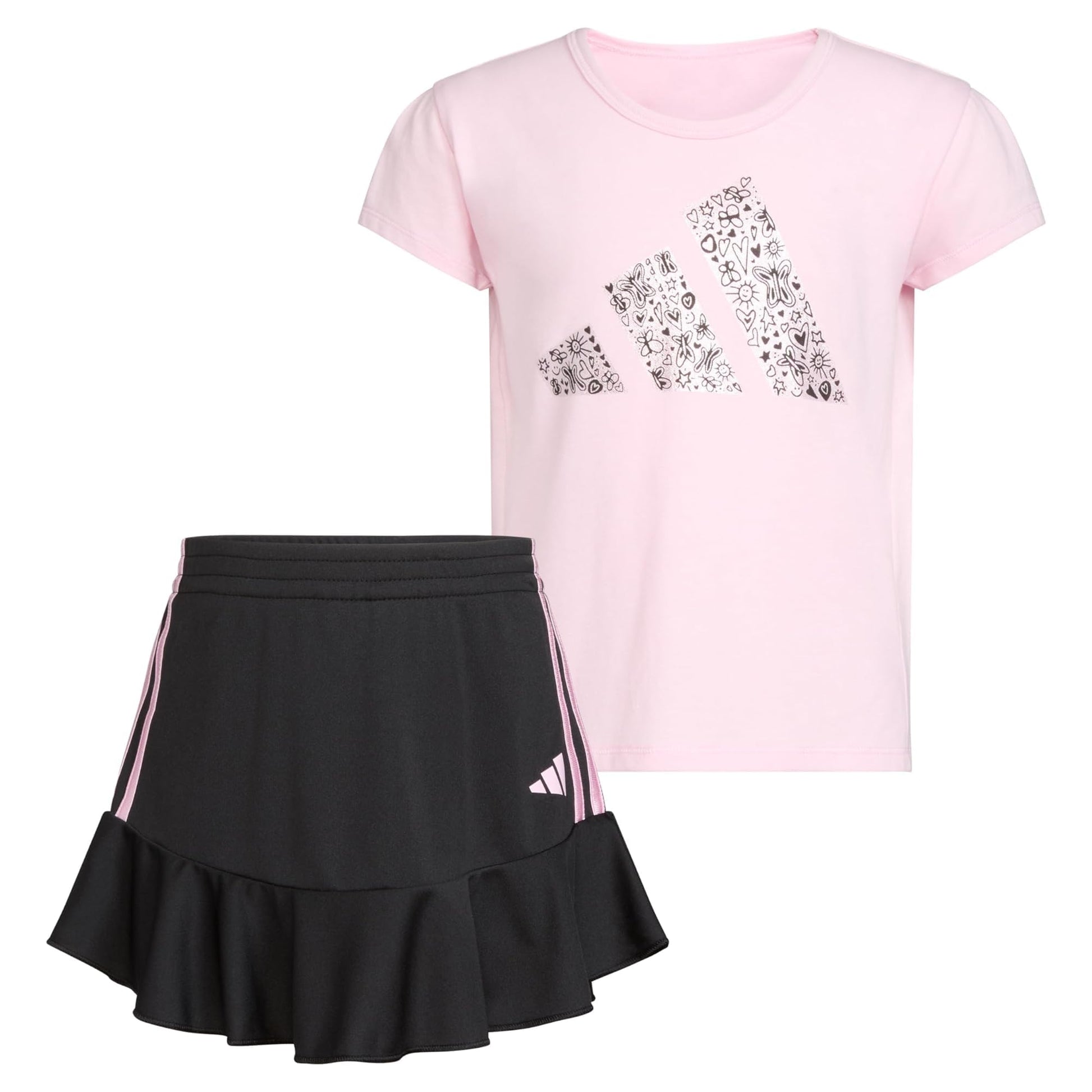 adidas Girls 2 Piece Ruffle Skort & T-Shirt Skirt Set Light Pink & Black - Renee Lane Company