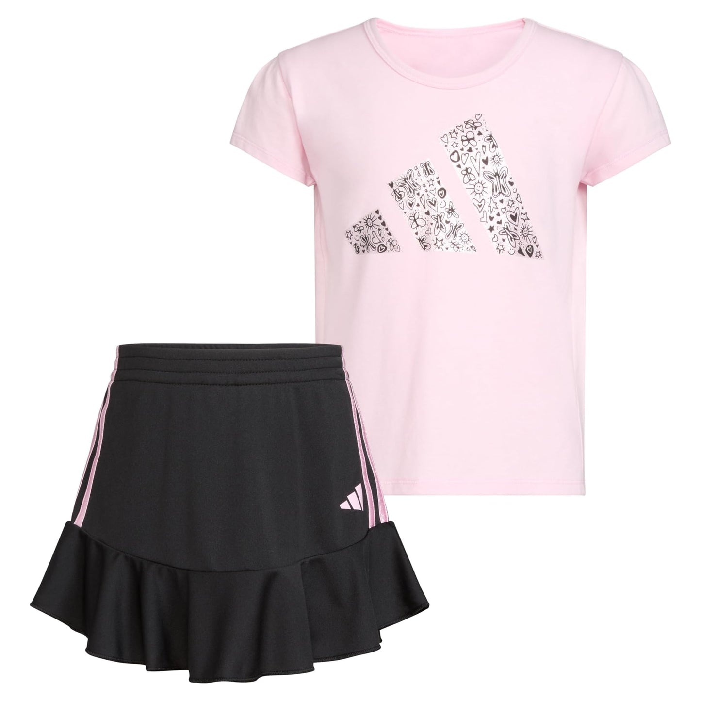 adidas Girls 2 Piece Ruffle Skort & T-Shirt Skirt Set Light Pink & Black - Renee Lane Company