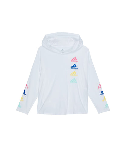 adidas Girls Big Long Sleeve Hooded Graphic Tee Multi Logo/White Large (14) - Renee Lane Company