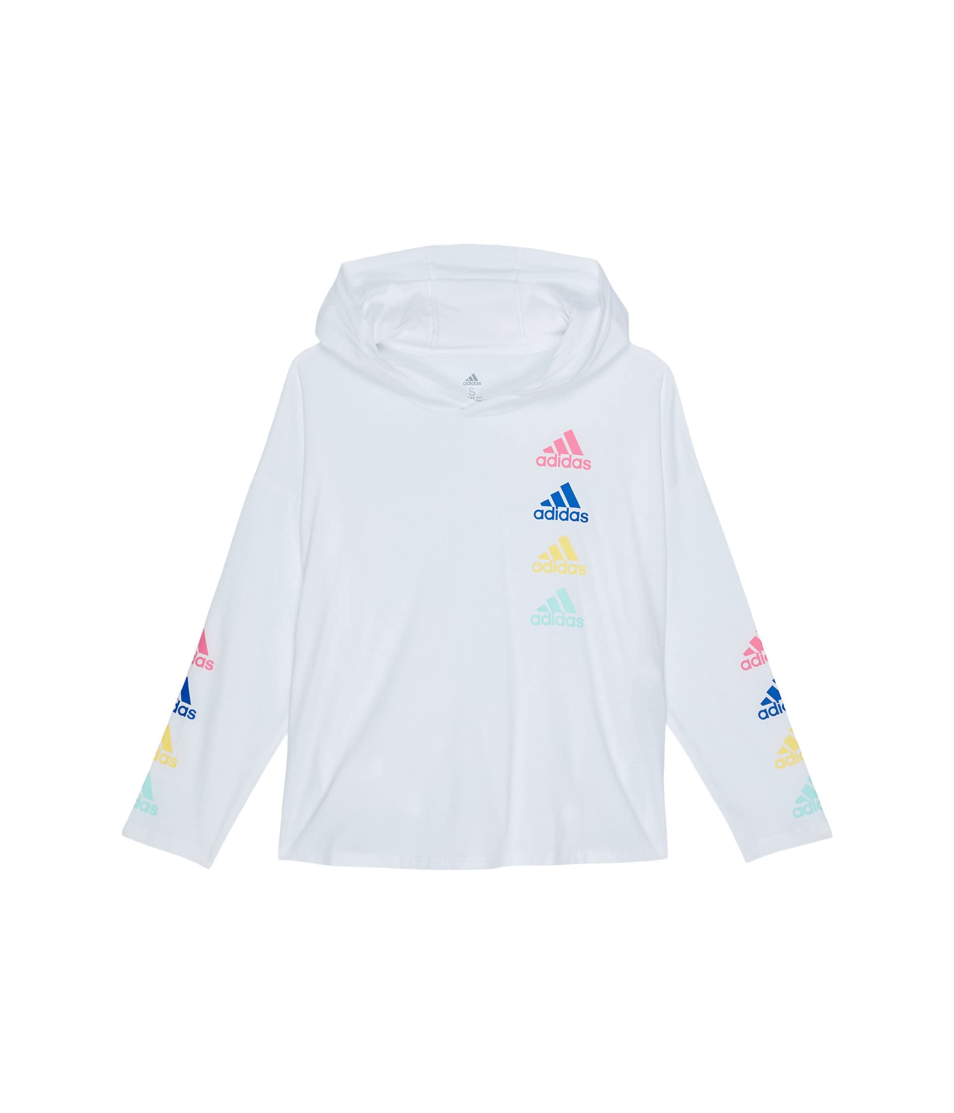 adidas Girls Big Long Sleeve Hooded Graphic Tee Multi Logo/White Large (14) - Renee Lane Company