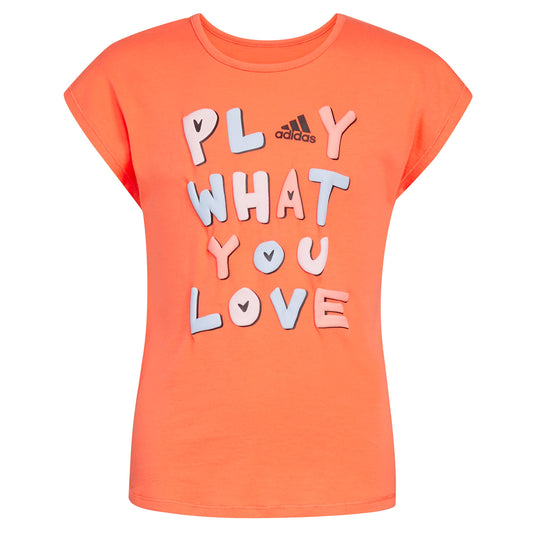 adidas Girls Little Cap Sleeve Novelty Logo Tee Coral Fusion 5 - Renee Lane Company