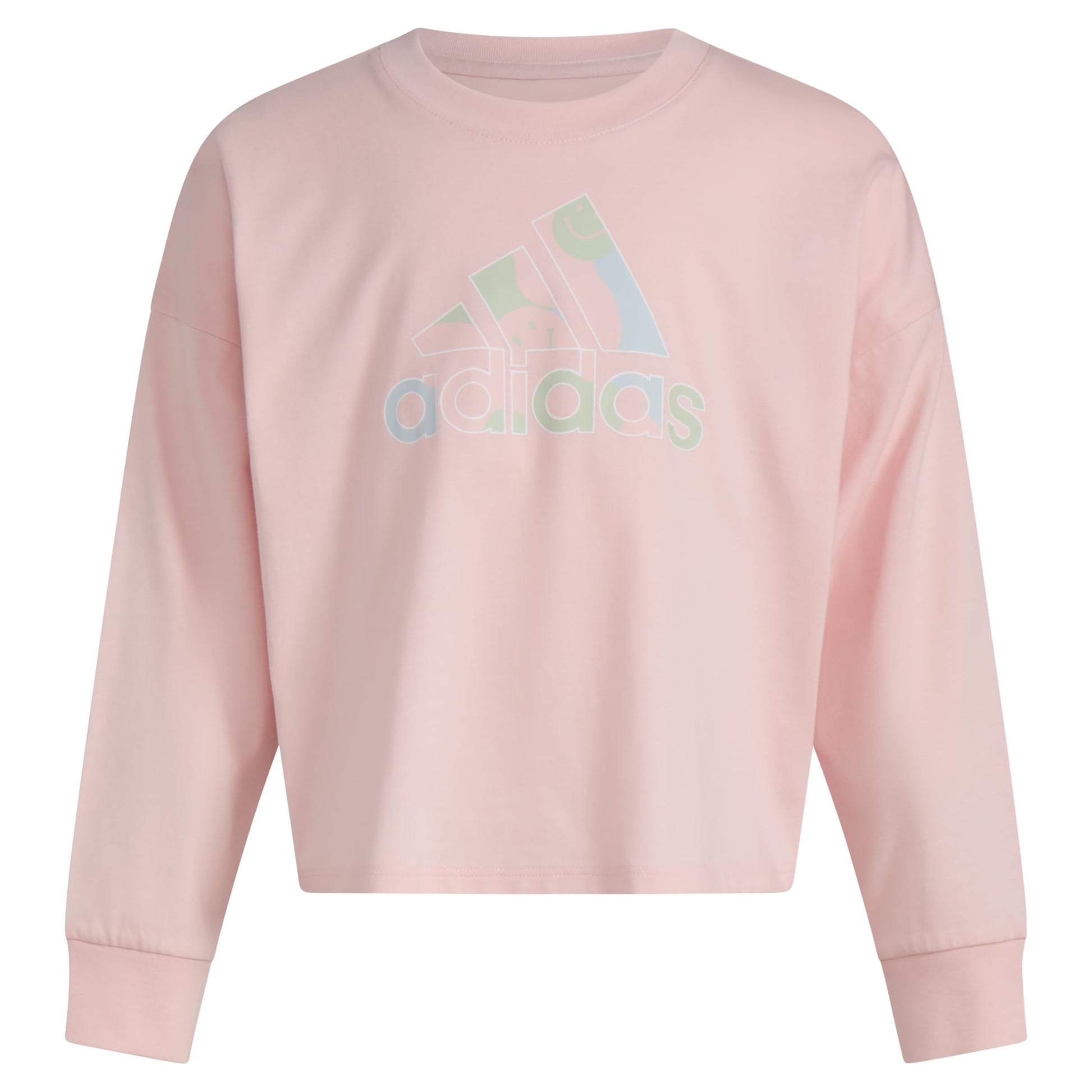 adidas Girls Little Long Sleeve Waist Crew Tee T-Shirt Pink with Multicolor - Renee Lane Company