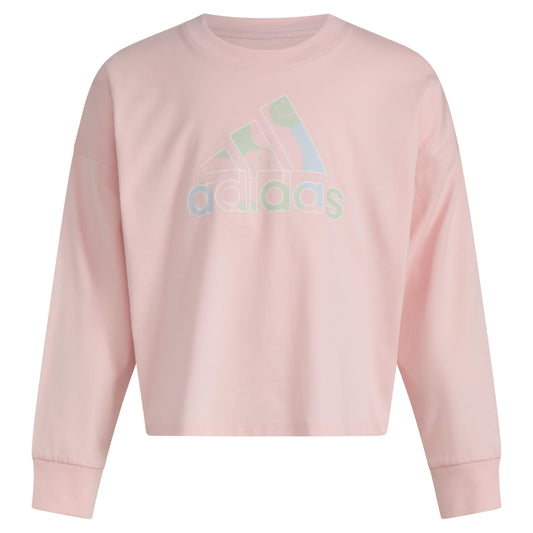 adidas Girls Little Long Sleeve Waist Crew Tee T-Shirt Pink with Multicolor - Renee Lane Company
