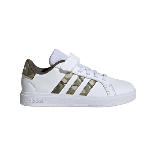 adidas Grand Court 2.0 Elastic Lace Sneaker White/Olive Strata/Shadow Olive 2 US Unisex Little Kid - Renee Lane Company