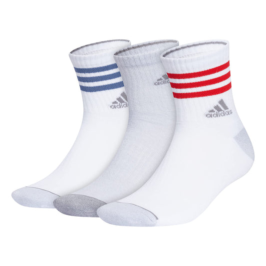 adidas Mens 3-Stripe High Quarter Socks with Arch Compression (3-Pair) White/Better Scarlet/Crew Blue Large - Renee Lane Company