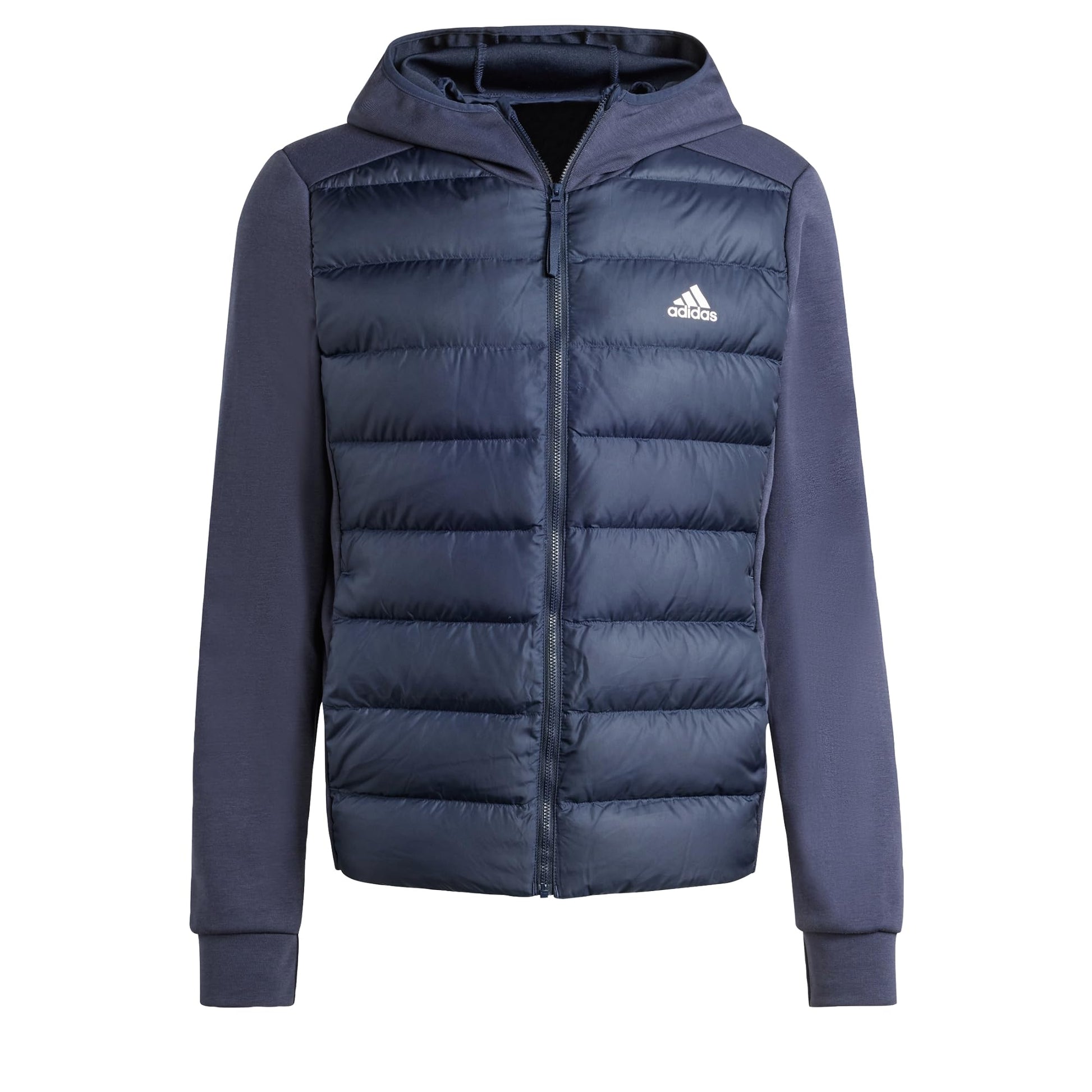 adidas Mens Essentials Hybrid Down Hooded Jacket Ink Small - Renee Lane Company