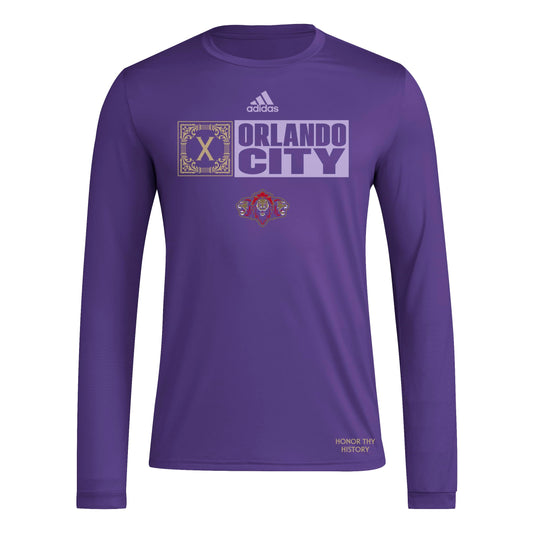 adidas Mens Long Sleeve Pre-Game T-Shirt Regal Purple/Orlando City Sc X-Small - Renee Lane Company