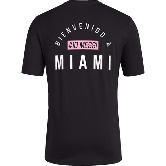 adidas Mens Soccer Messi X Miami Bienvenido a Miami Tee - Classic Relax Fit with Messi Graphic Logo and #10 Available in Black & White (Small Black) - Renee Lane Company