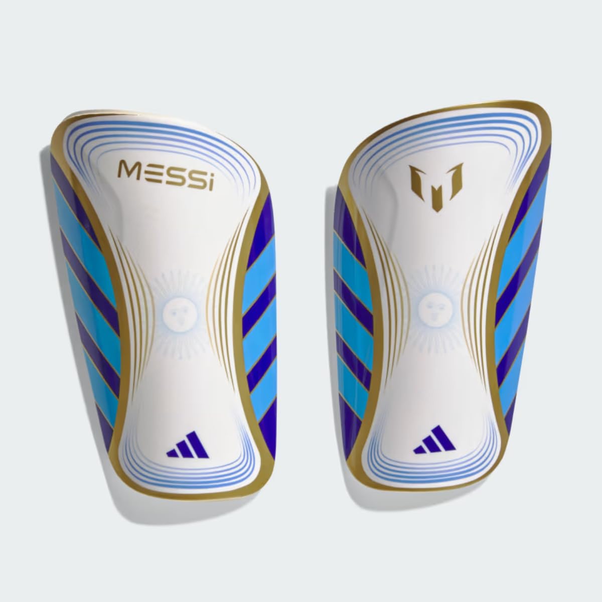 adidas Unisex-Adult Messi Club Shin Guards White/Lucid Blue/Gold Metallic Large - Renee Lane Company