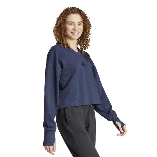 adidas Womens All SZN Ribbed V-Neck Sweatshirt Ink - Renee Lane Company