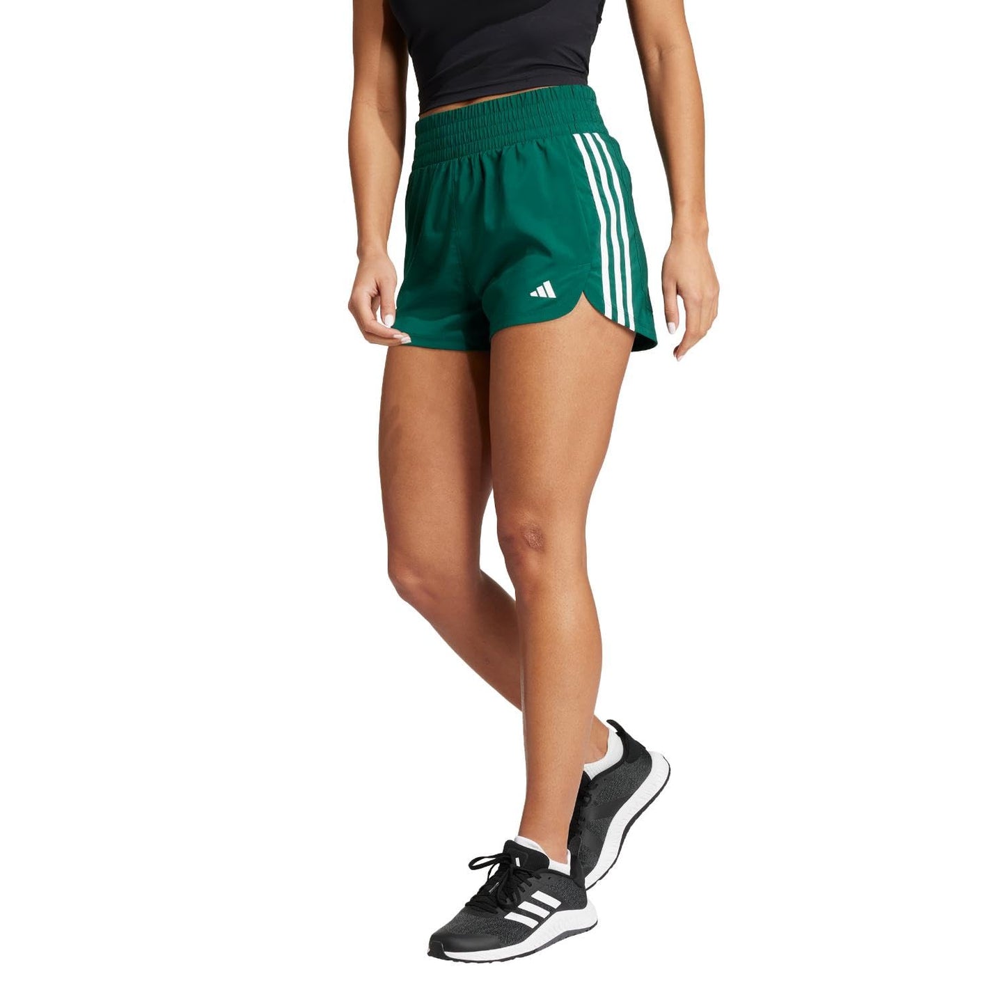 adidas Womens Pacer Training 3-Stripes Woven High-Rise Shorts Collegiate Green/White - Renee Lane Company