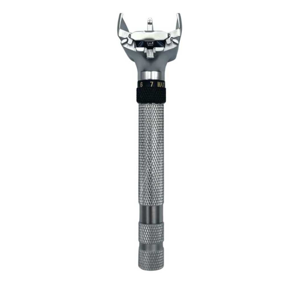 Adjustable butterfly razor with silver head and knurled handle, black adjustment band
