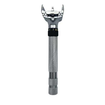 Adjustable butterfly razor with silver head and knurled handle, black adjustment band
