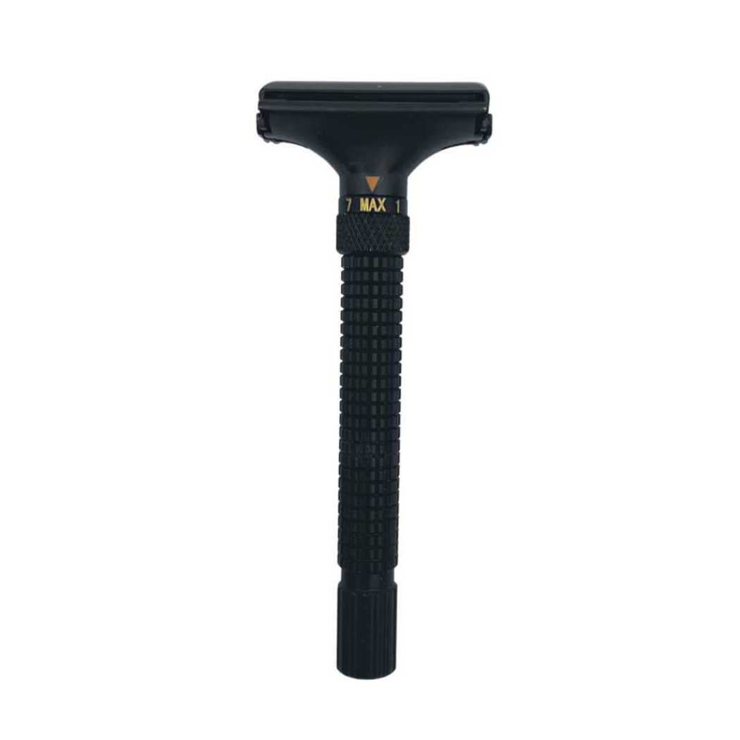 Adjustable butterfly razor with black head and textured black handle grip