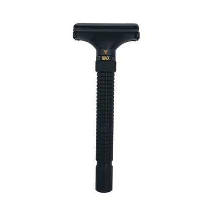 Adjustable butterfly razor with black head and textured black handle grip