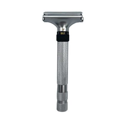 Adjustable butterfly razor with silver head, knurled handle and black collar