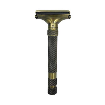 Adjustable butterfly razor with bronze head and knurled gold-toned handle