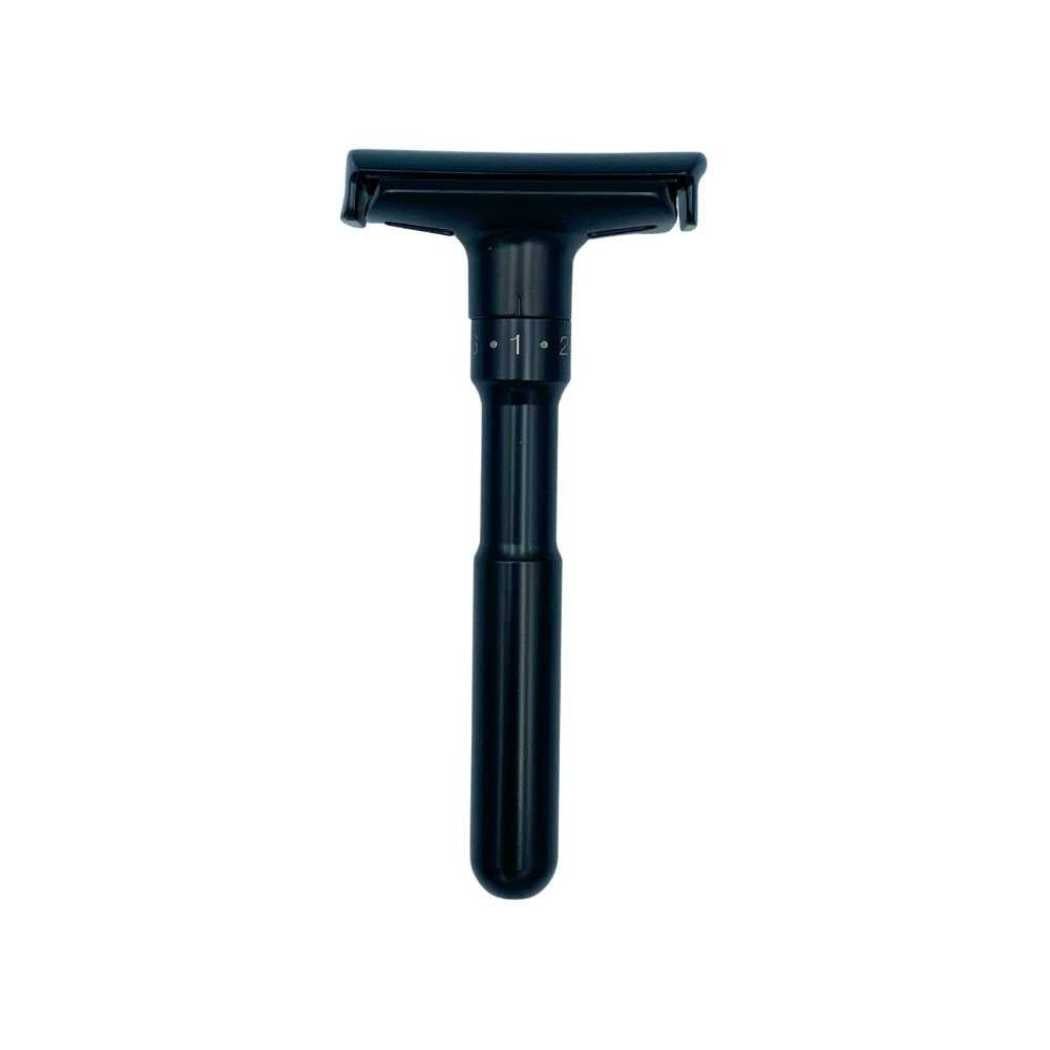 Adjustable double-sided safety razor, black metal handle and square head