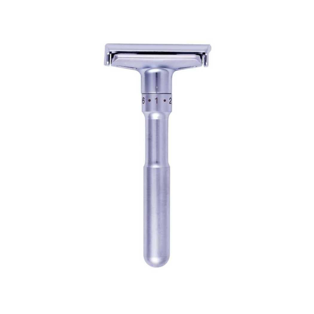 Adjustable double-sided safety razor, silver metal handle and square head