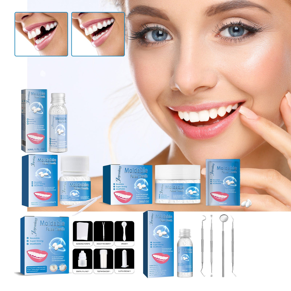 Smiling smile with cosmetic denture fitting kit, gel jar, blue boxes, and applicator tools