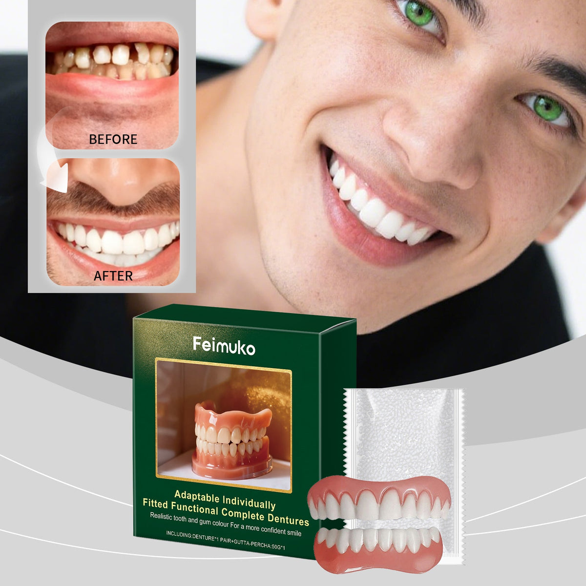 Denture kit with green box and molded denture teeth shown beside it