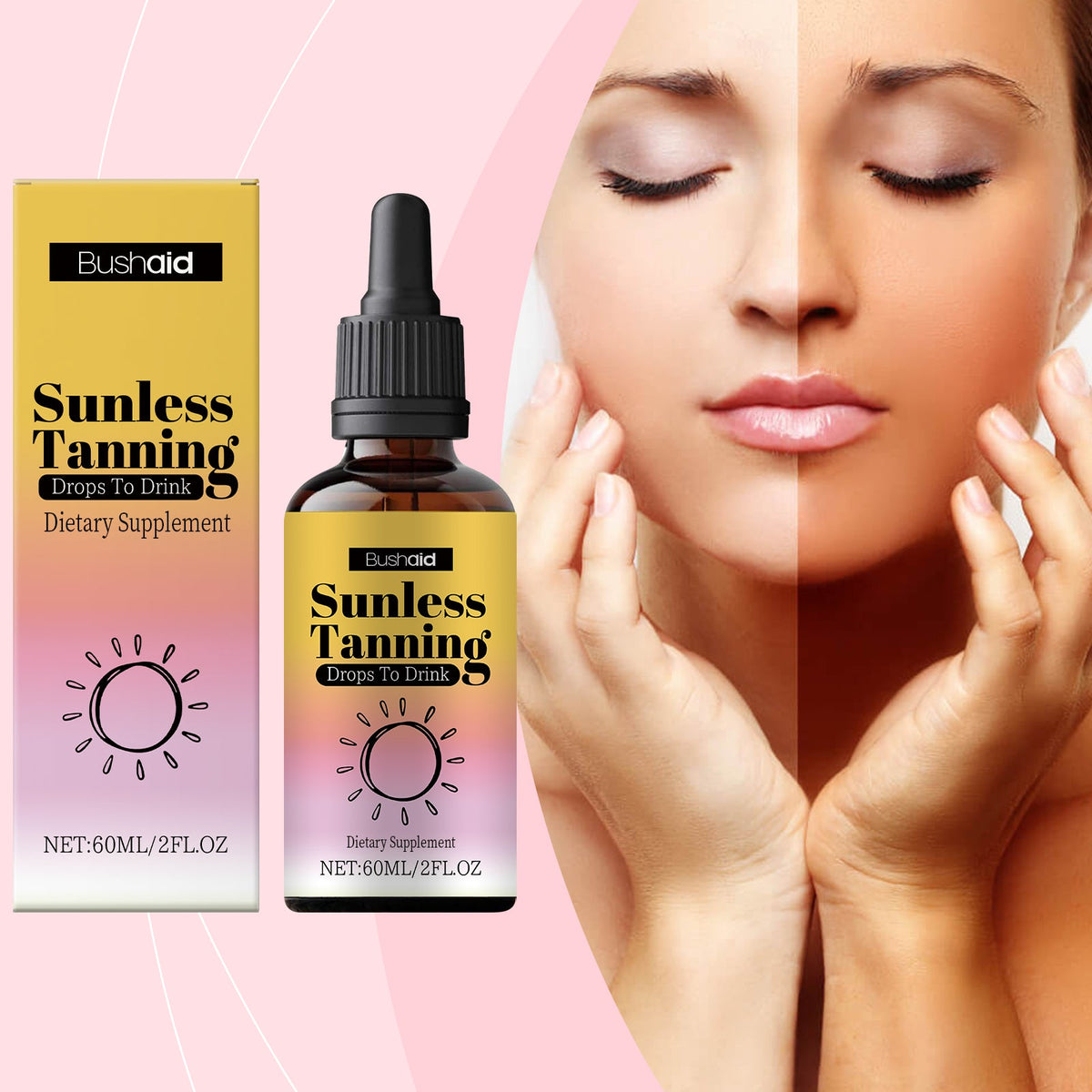 Oral sunless tanning drops bottle with dropper and box with a model resting her face