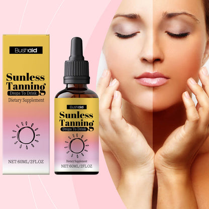 Oral sunless tanning drops bottle with dropper and box with a model resting her face