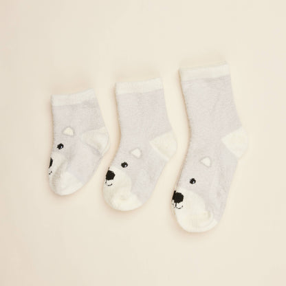 Set of cream crew socks; lilac stripe cuffs and bear face details, three pairs shown