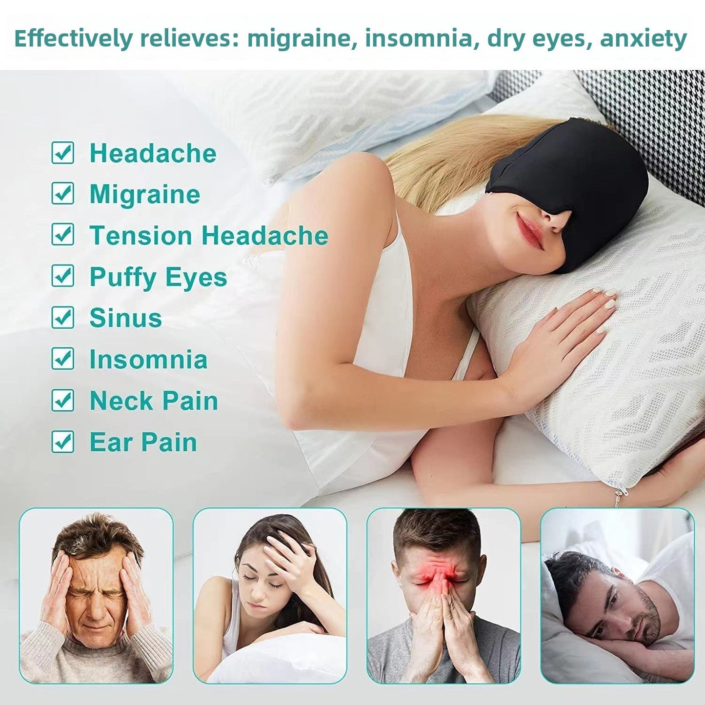 Black gel eye mask cap worn on a person lying down