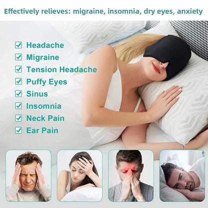 Black gel eye mask cap worn on a person lying down