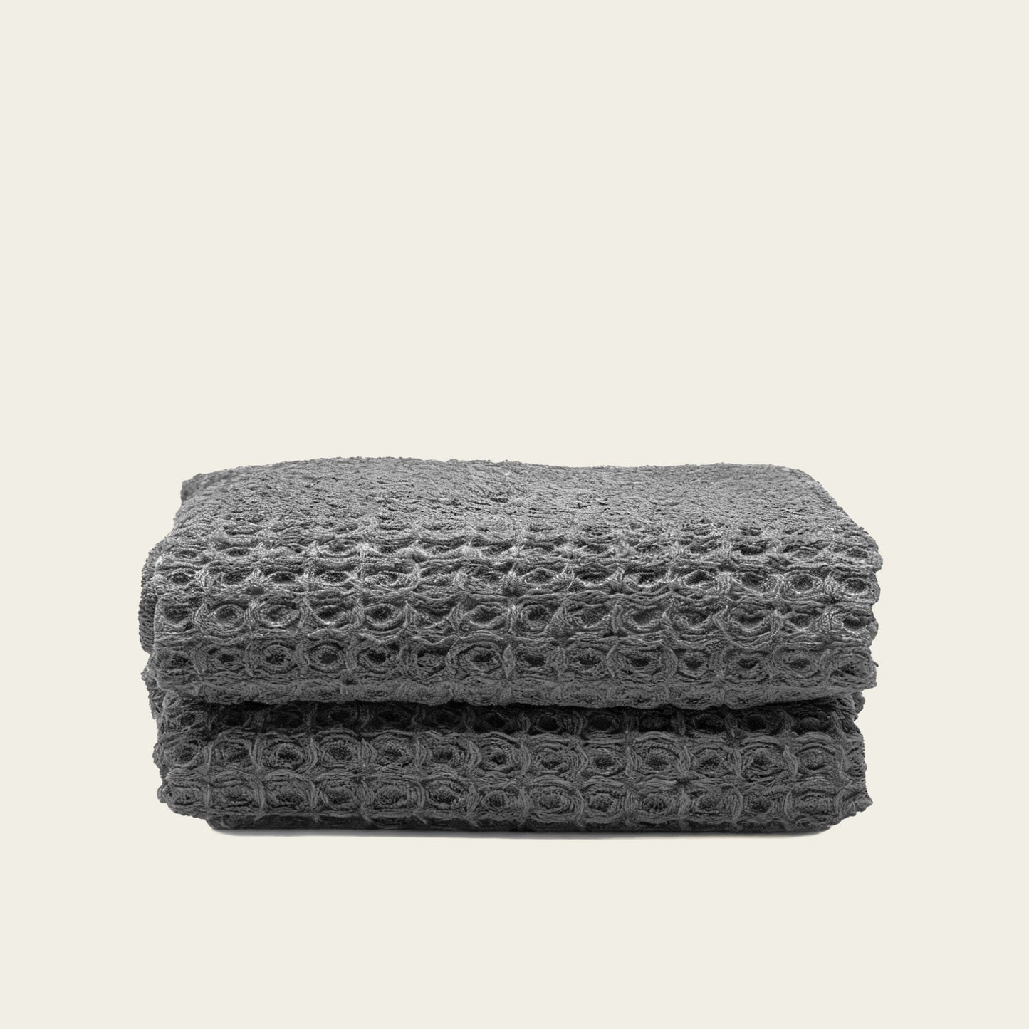 Charcoal waffle cotton towel, folded stack of 2