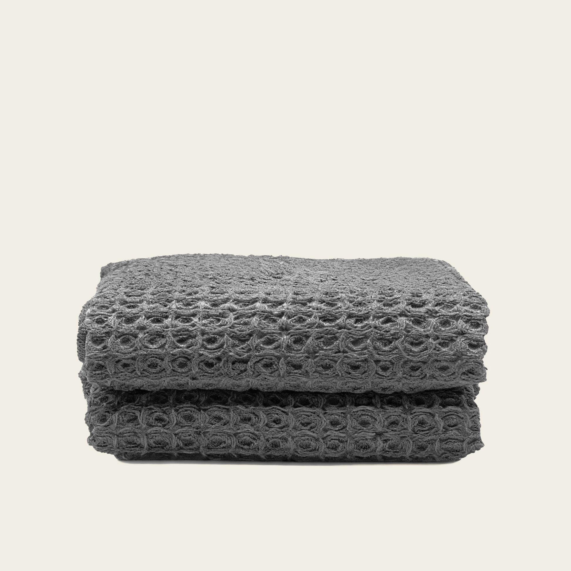 Charcoal waffle cotton towel, folded stack of 2