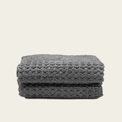 Charcoal waffle cotton towel, folded stack of 2