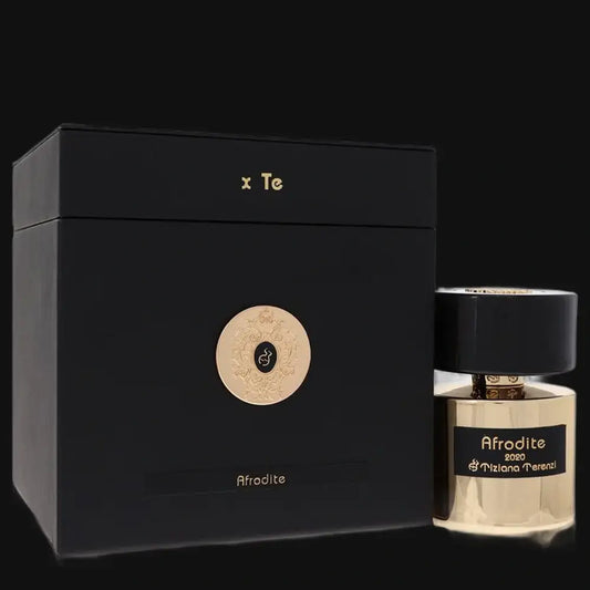 Women's perfume glass bottle with gold cap and dark gift box