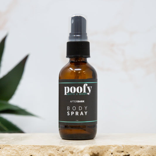 Afterdark body spray bottle with amber brown glass and black mist sprayer, Poofy label