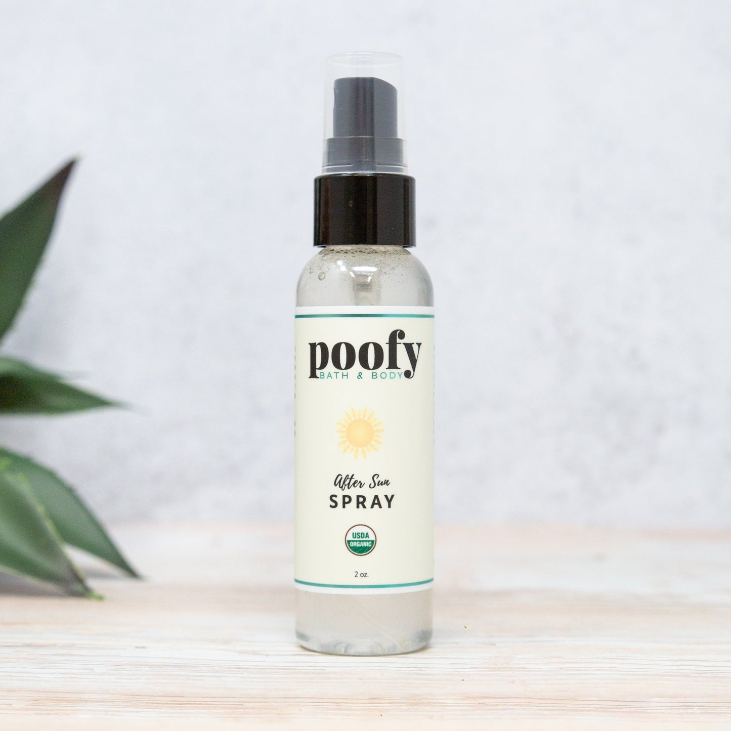 After sun spray bottle with pump, clear liquid, Poofy Bath & Body label