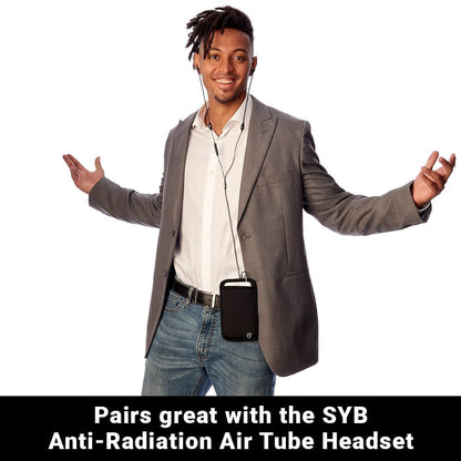 Black phone pouch worn on belt by person, hands raised