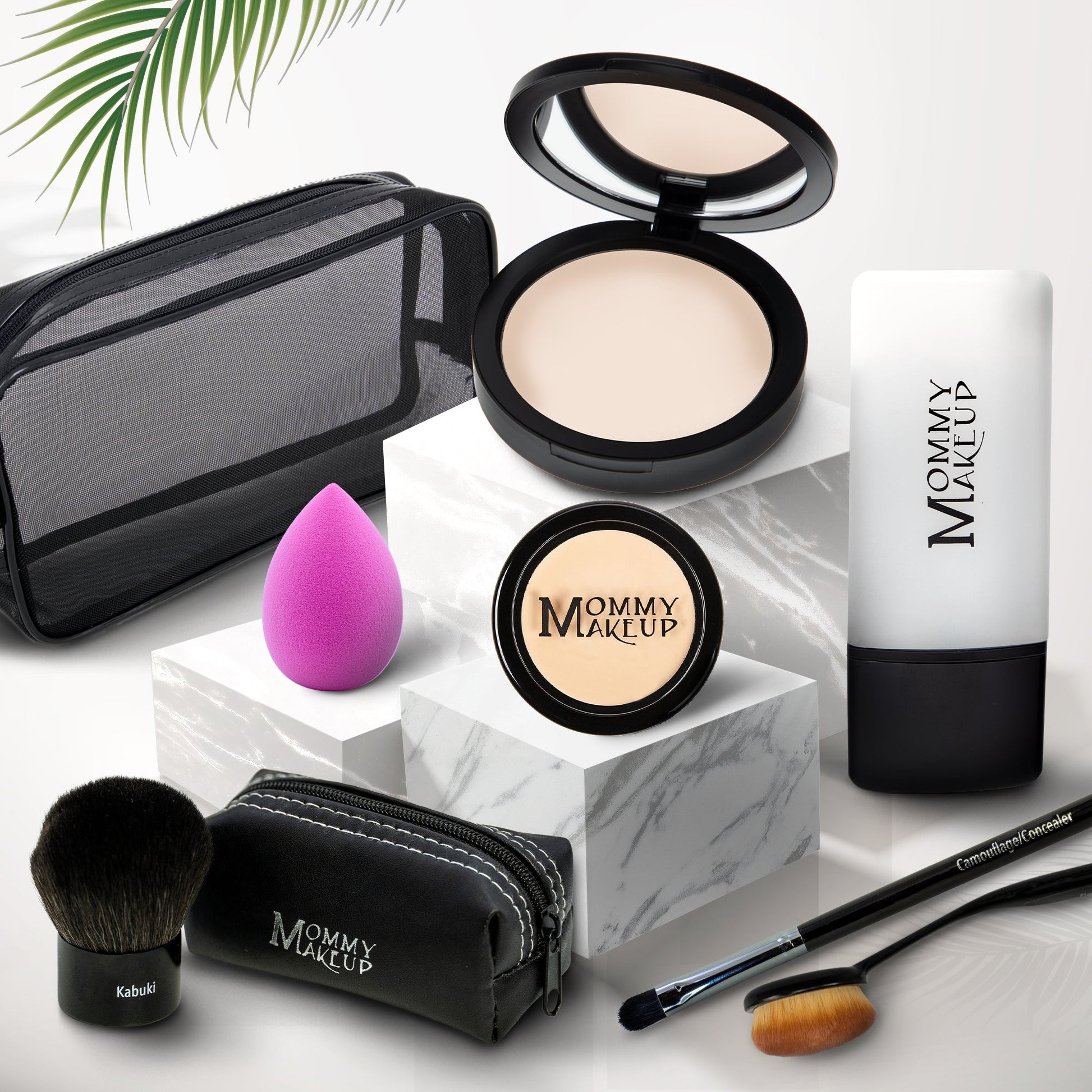 Talc-free foundation and concealer set, light compact with pot, sponge, brushes, and pouch