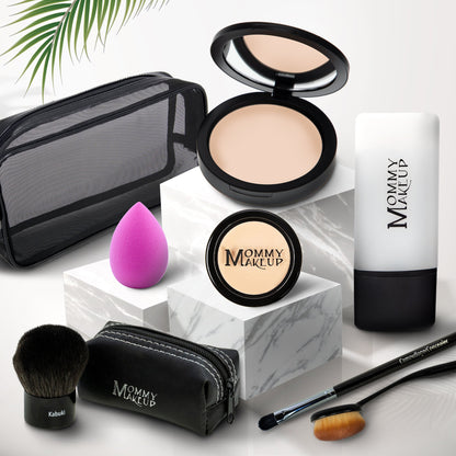 Talc-free foundation and concealer set, light compact with pot, sponge, brushes, and pouch