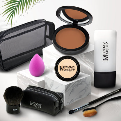 Talc-free foundation and concealer set, medium-dark compact with pot, sponge, brushes, and pouch