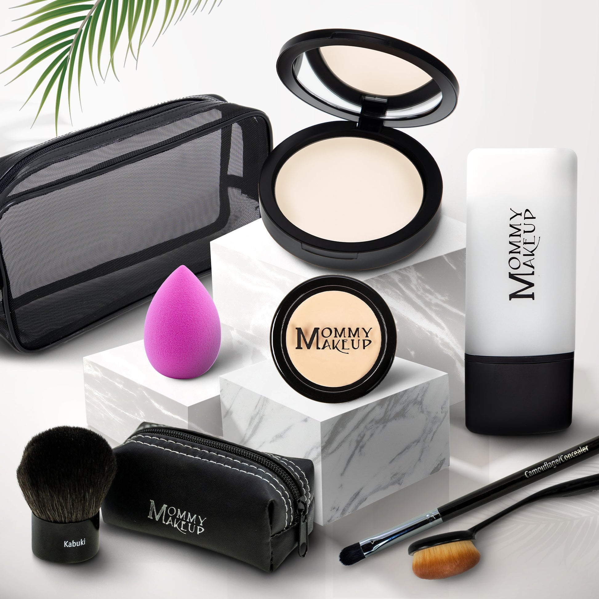Talc-free foundation and concealer set, light compact with pot, sponge, brushes, and pouch