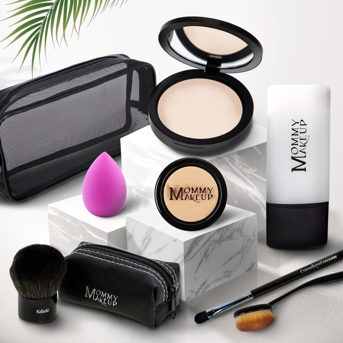 Talc-free foundation and concealer set, light compact with pot, sponge, brushes, and pouch