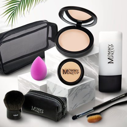 Talc-free foundation and concealer set, light compact with pot, sponge, brushes, and pouch