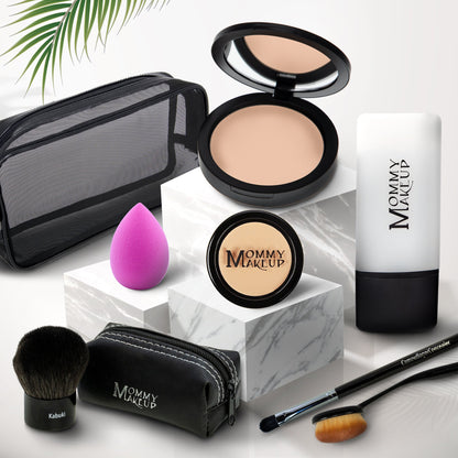 Talc-free foundation & concealer set: light-beige compact, mini jar, sponge, brush, case, tube.